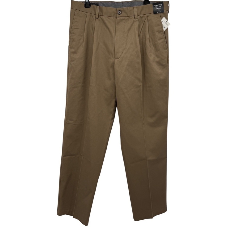 Nordstrom Men Shop Pleated Dress Pant Men 35x31 Taupe SmartCare Wrinkle Free NWT
